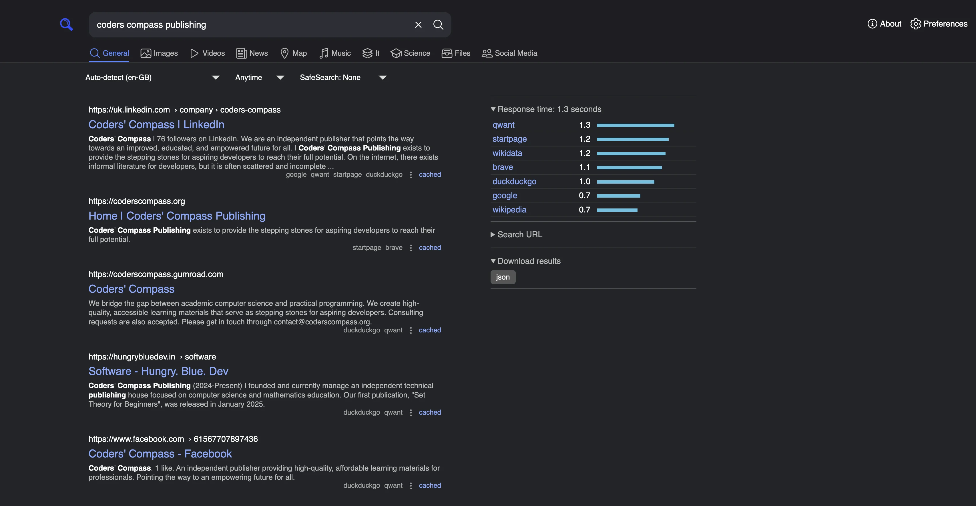 Ad-free search results showing multiple engine sources