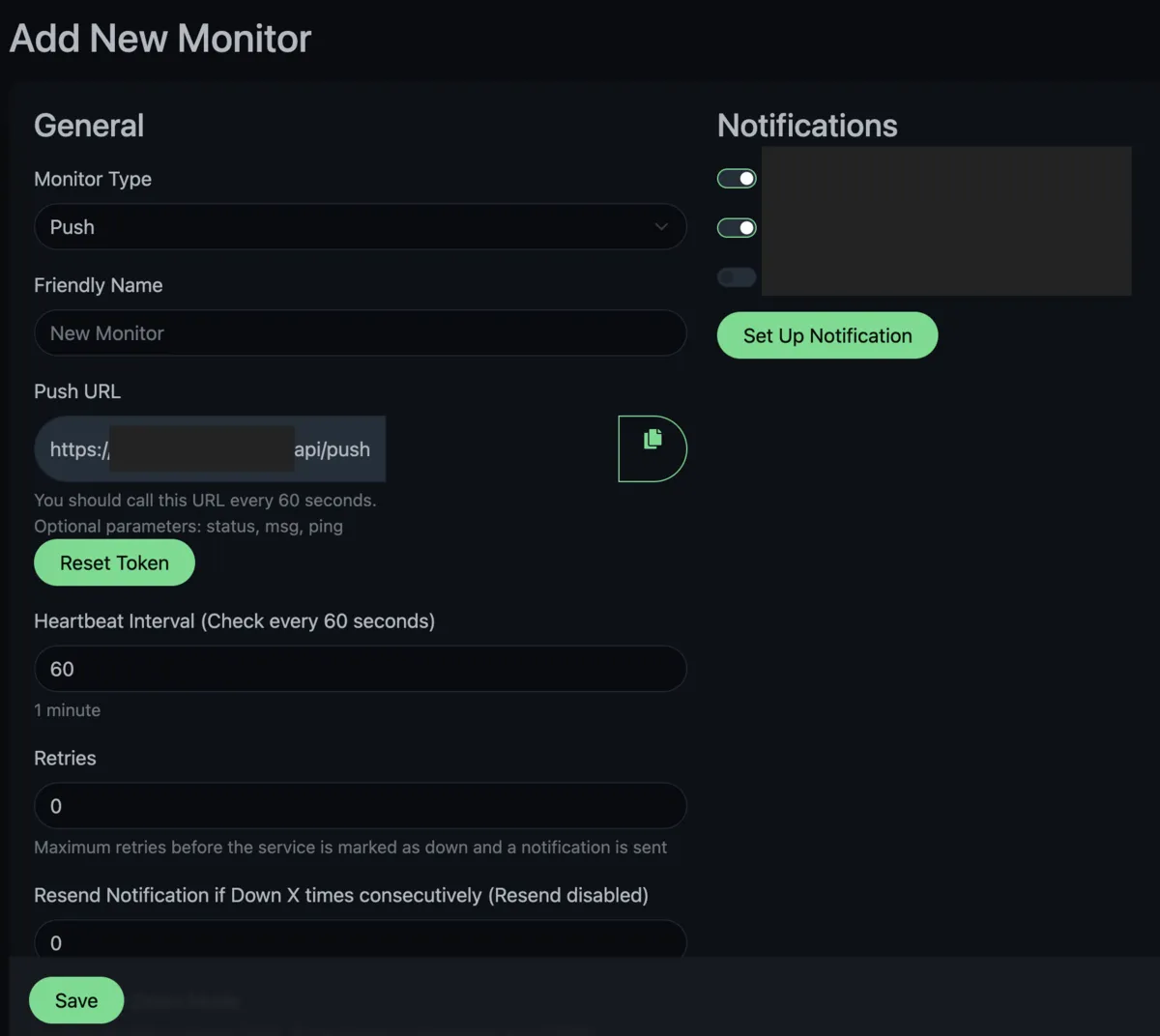Add New Monitor: Monitor Type set to Push