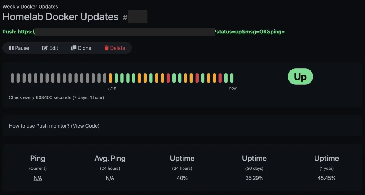 Weekly Docker Updates monitor: green, orange, and red heartbeat bars