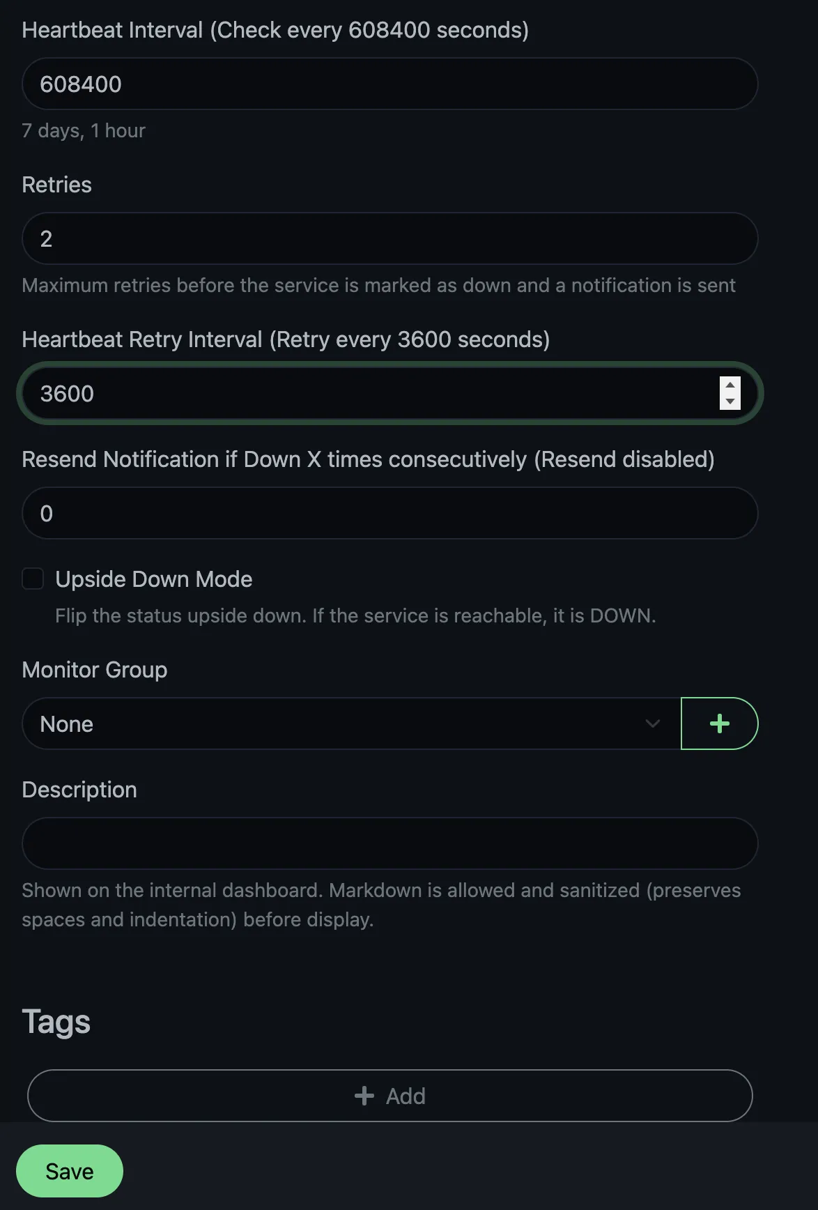 Heartbeat interval set to 608400 seconds (7 days, 1 hour), 2 retries at 3600 seconds
