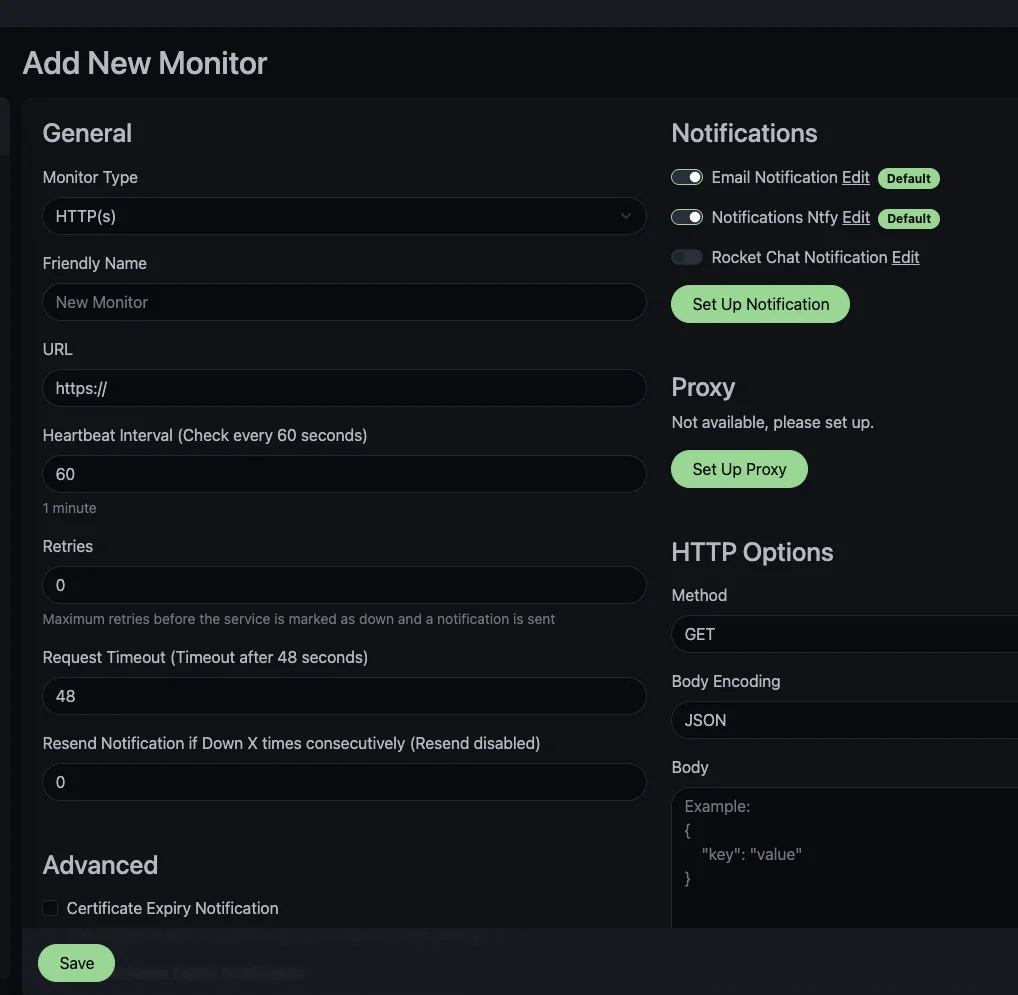 Add New Monitor dialog with HTTP(s) selected